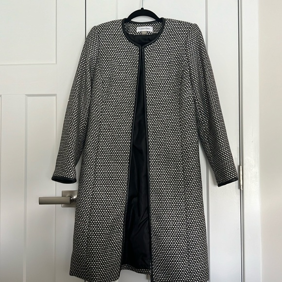 Calvin Klein Long Line Tweed Jacket with faux leather trim - Picture 1 of 8